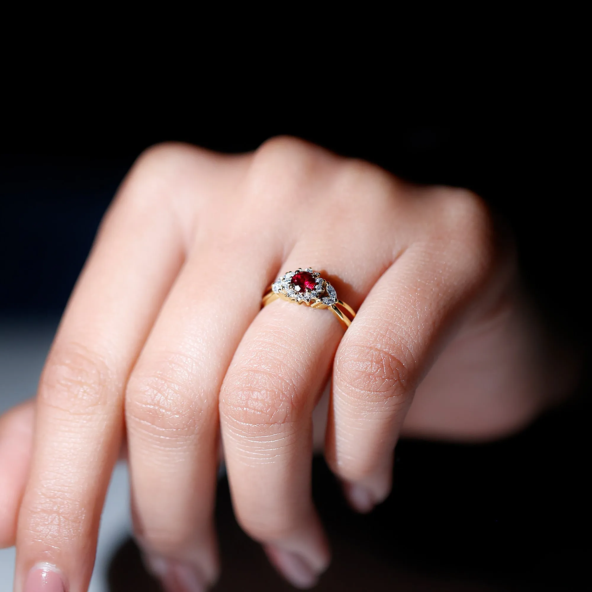 Created Ruby and Moissanite Flower Engagement Ring in Split Shank