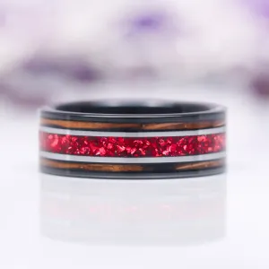 Crushed Red Garnet & Redwood Wedding Band - 8MM Black Tungsten