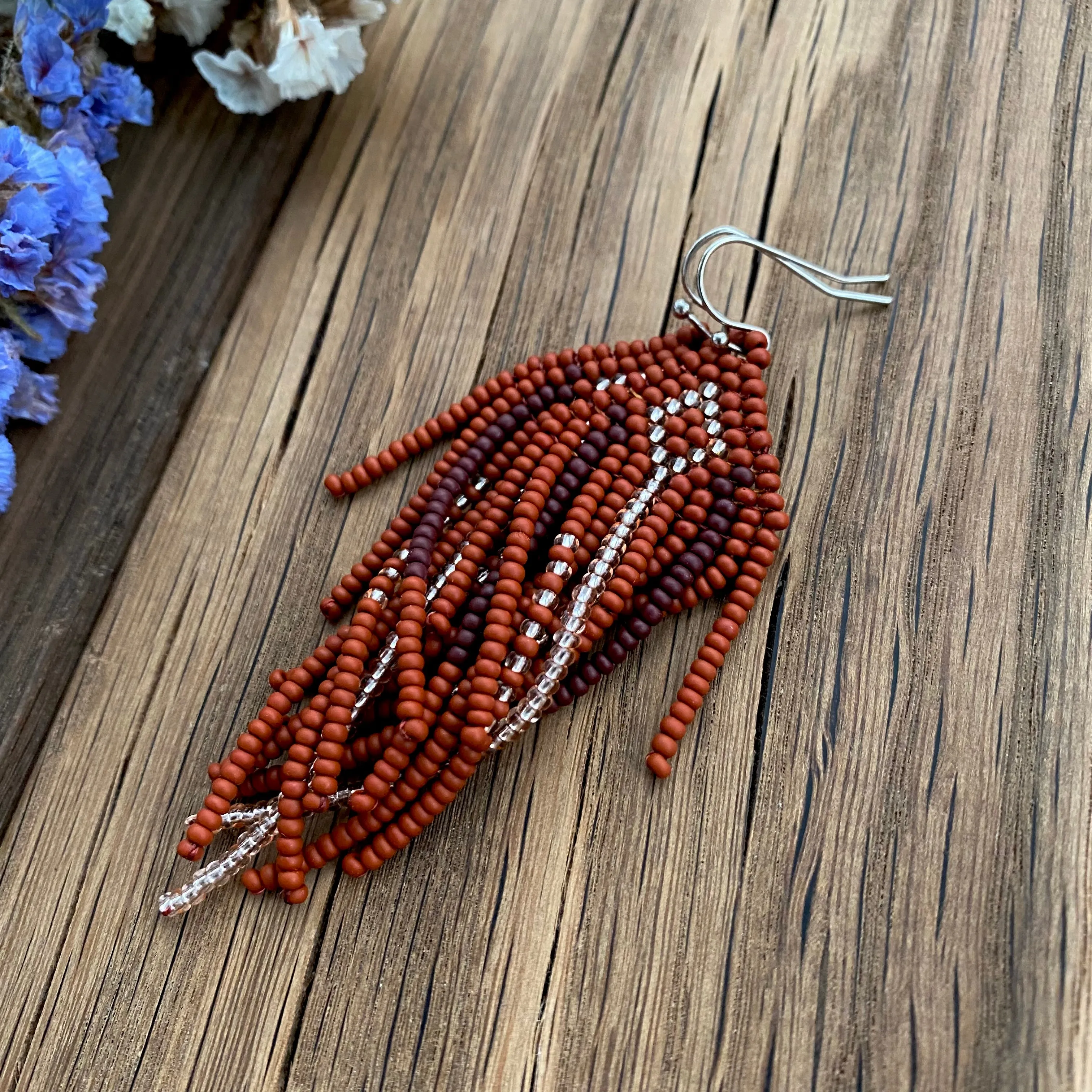 Ethnic Geometric Long Dangle Gold Brown Seed Bead fringe Earrings for Women in hippie Boho style