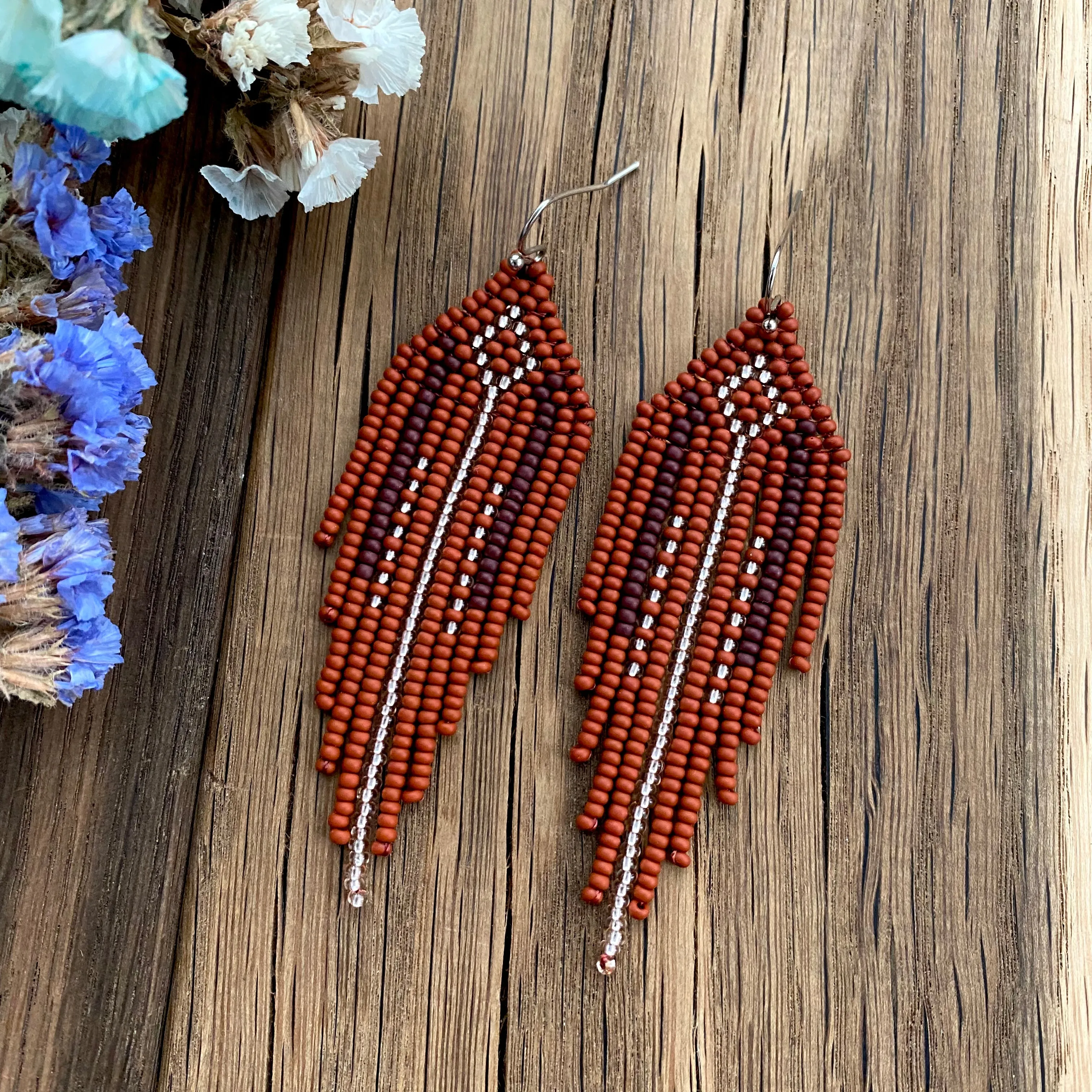 Ethnic Geometric Long Dangle Gold Brown Seed Bead fringe Earrings for Women in hippie Boho style