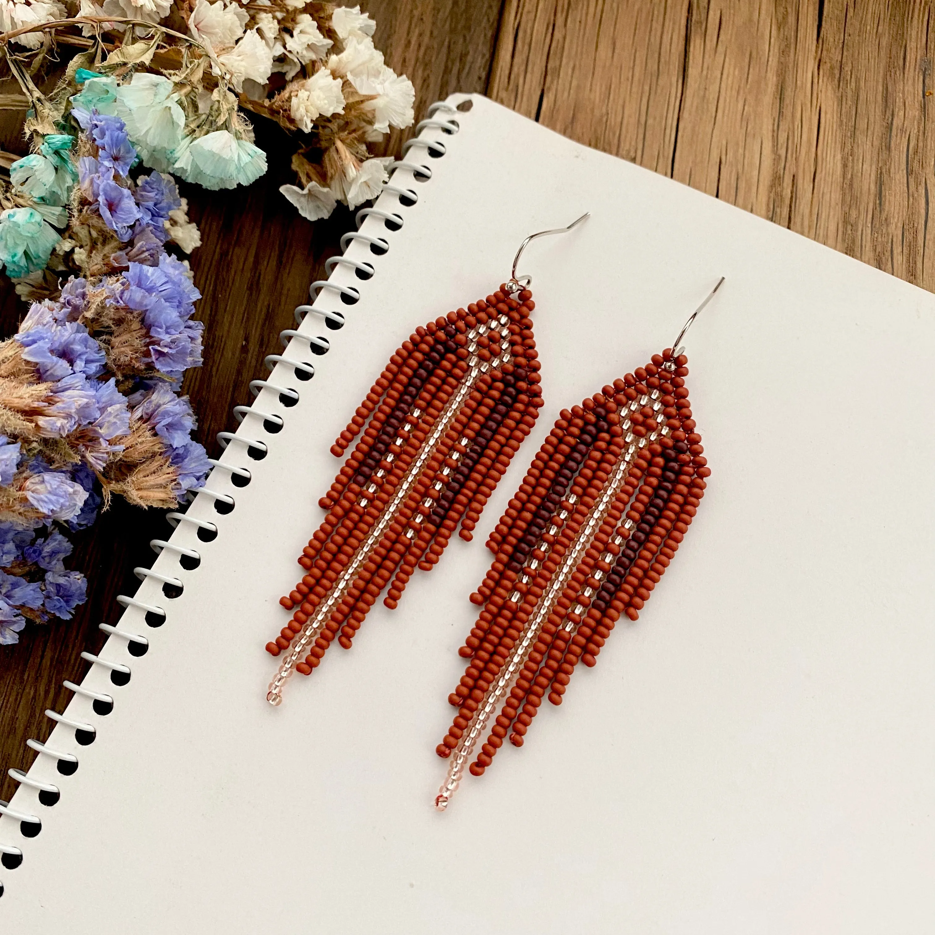 Ethnic Geometric Long Dangle Gold Brown Seed Bead fringe Earrings for Women in hippie Boho style