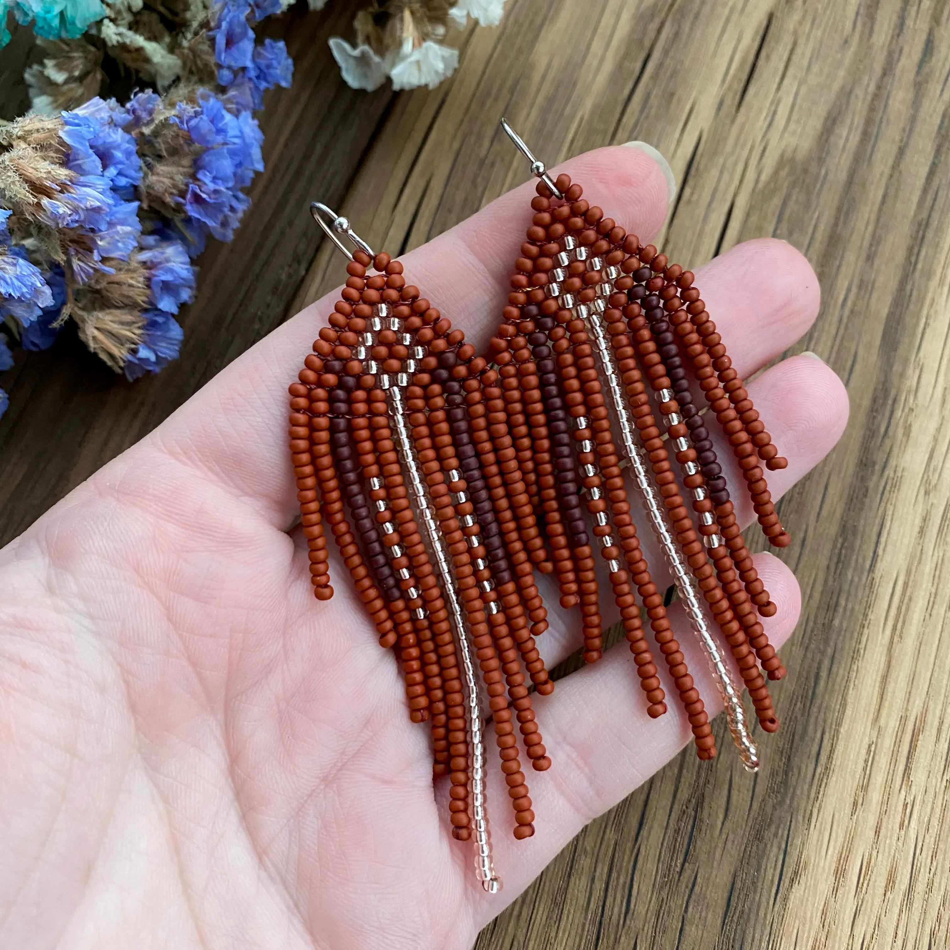 Ethnic Geometric Long Dangle Gold Brown Seed Bead fringe Earrings for Women in hippie Boho style