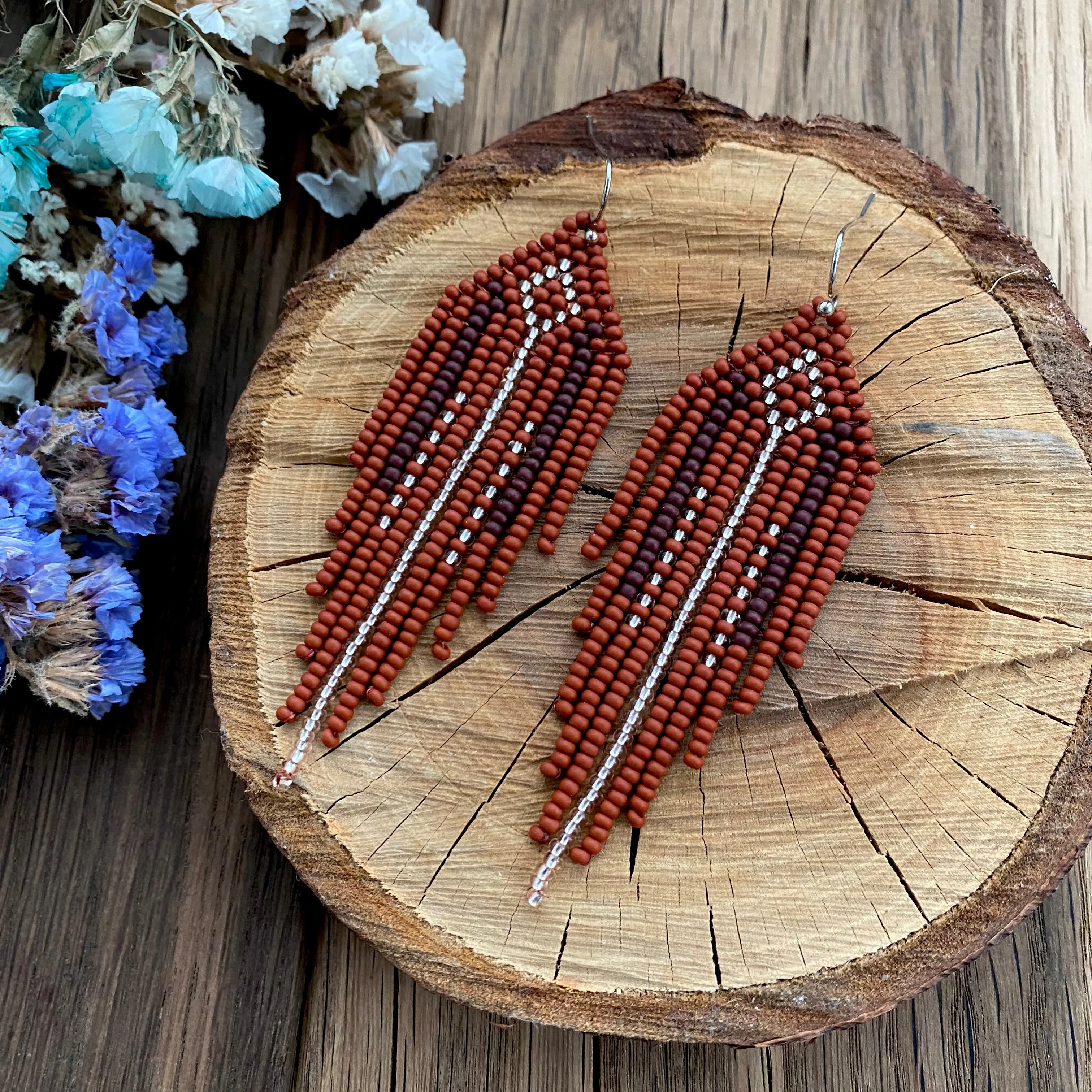 Ethnic Geometric Long Dangle Gold Brown Seed Bead fringe Earrings for Women in hippie Boho style