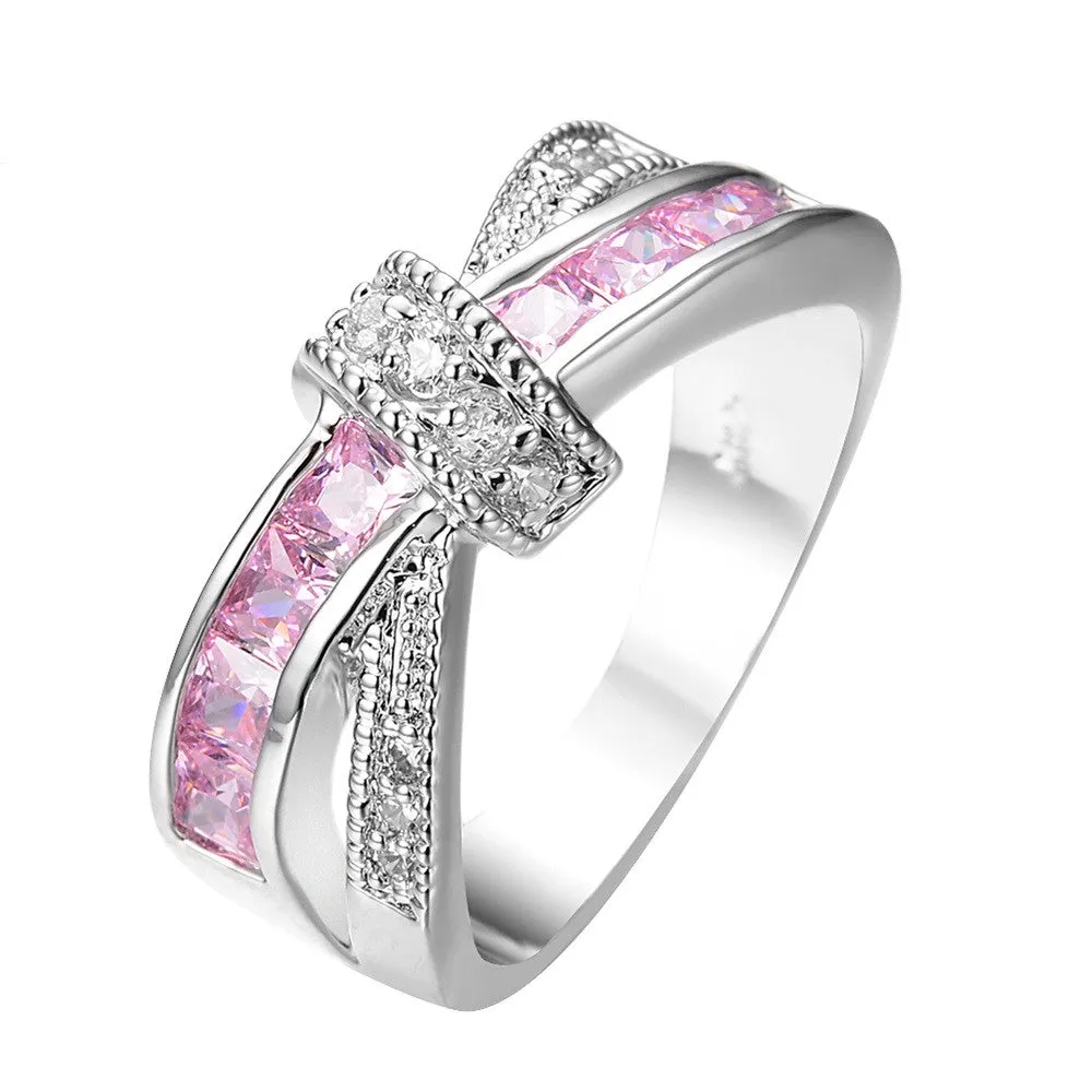 Female Pink Cross Ring Fashion White & Black Gold Filled Jewelry Promise Engagement Rings For Women Birthday Stone Gifts