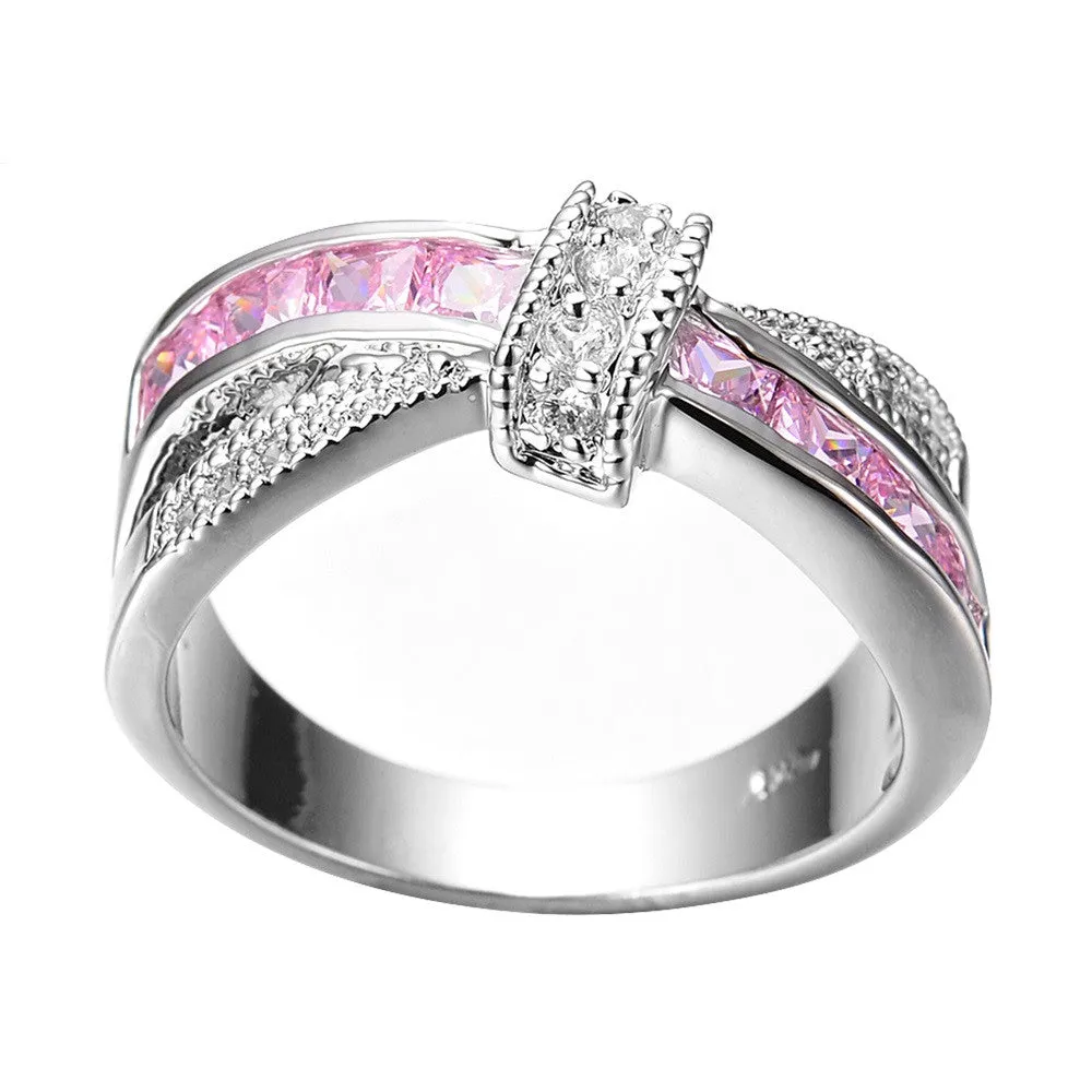 Female Pink Cross Ring Fashion White & Black Gold Filled Jewelry Promise Engagement Rings For Women Birthday Stone Gifts