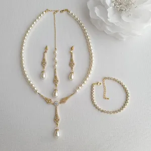 Gold Pearl Necklace and Earring Set with Bracelet for Wedding-Lisa