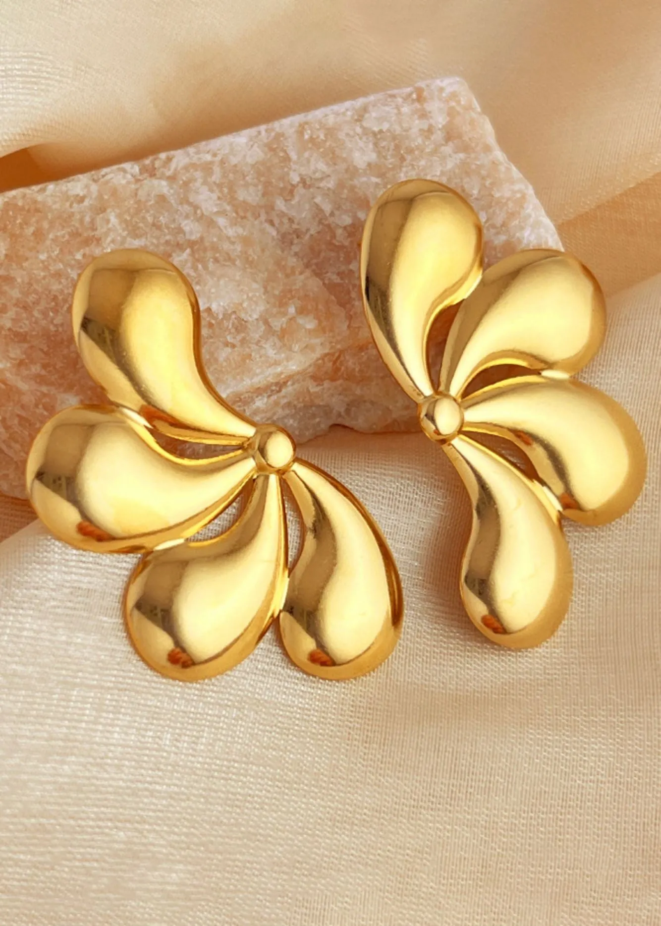 Gold Polished Petal Stud Earrings