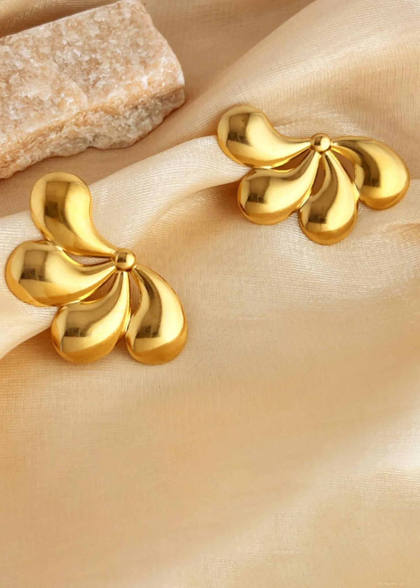 Gold Polished Petal Stud Earrings