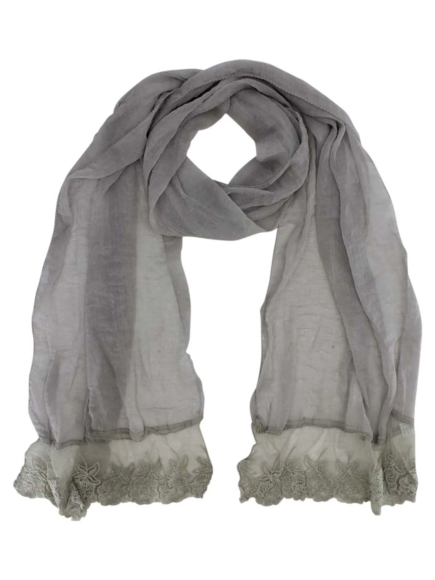 Gray Sheer Lace Scarf Wrap With Lace Trim