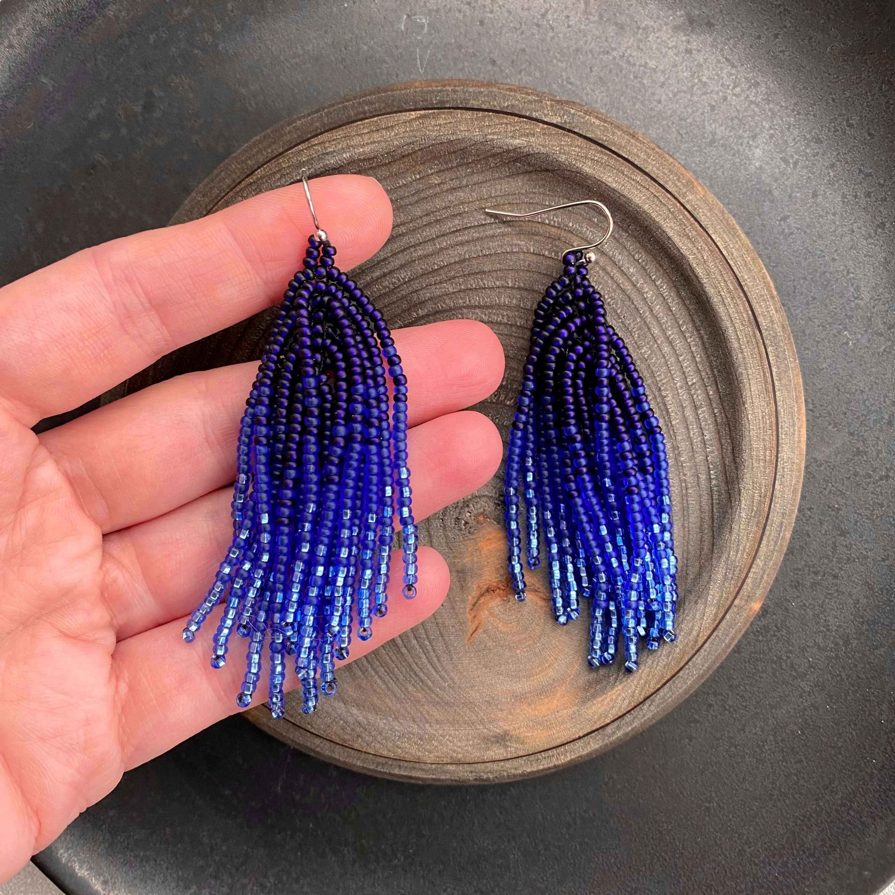 Handmade Blue Ombre Seed Bead Tassel Earrings for Women in boho hippie style.