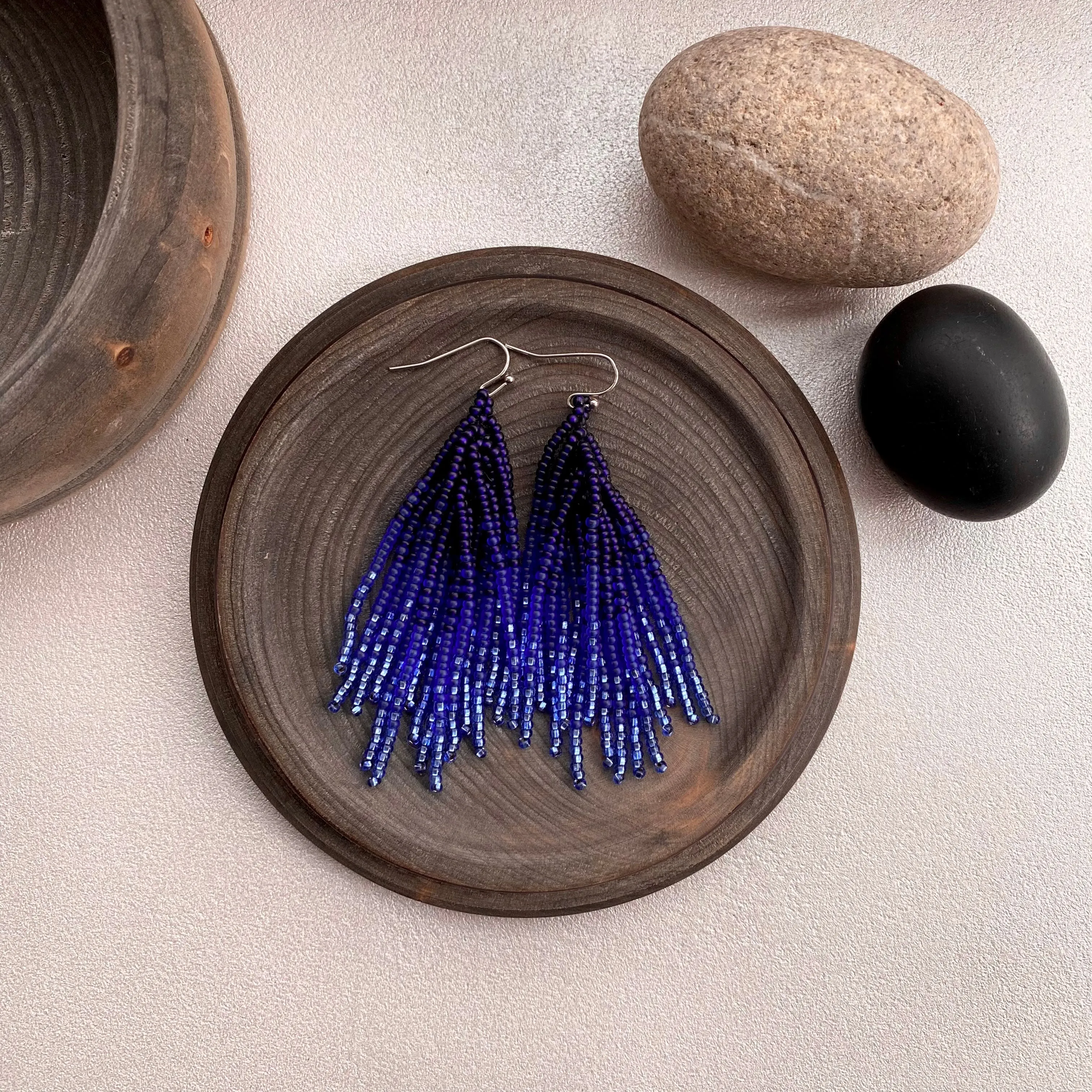 Handmade Blue Ombre Seed Bead Tassel Earrings for Women in boho hippie style.