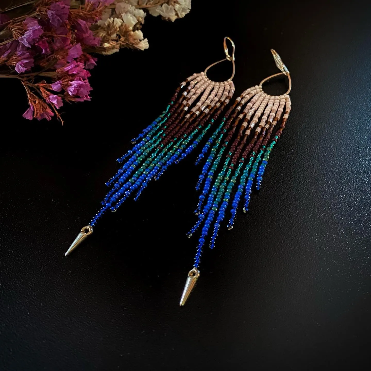 Handmade Long Dangle Statement Beaded Peacock Feathers Earrings for Women