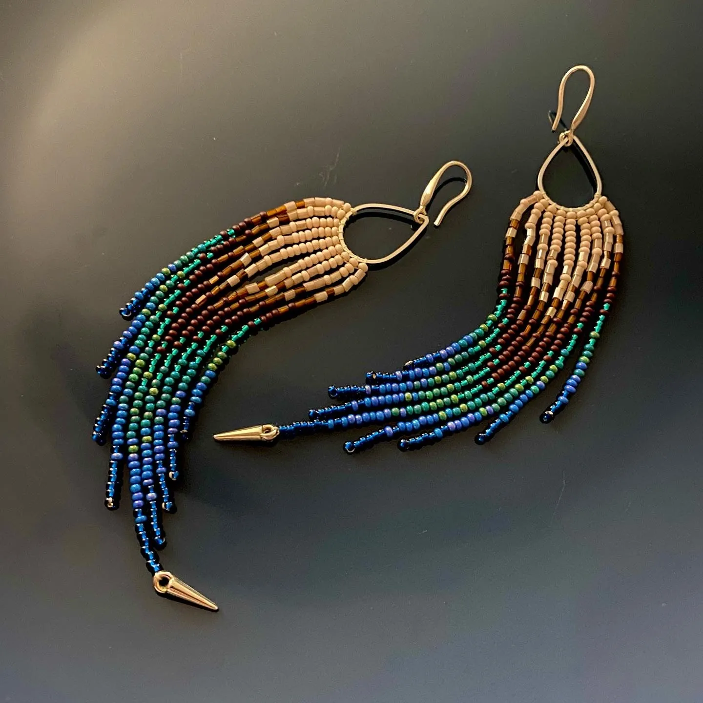 Handmade Long Dangle Statement Beaded Peacock Feathers Earrings for Women