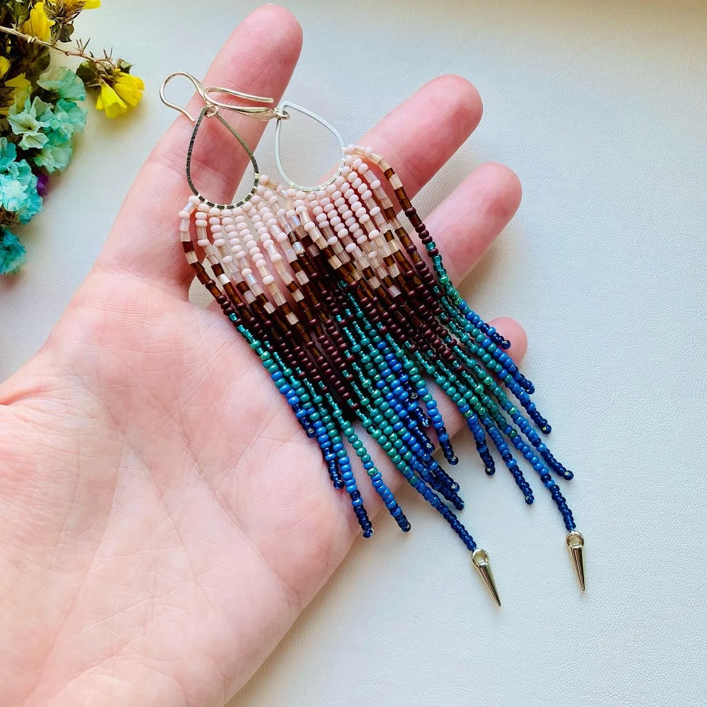 Handmade Long Dangle Statement Beaded Peacock Feathers Earrings for Women