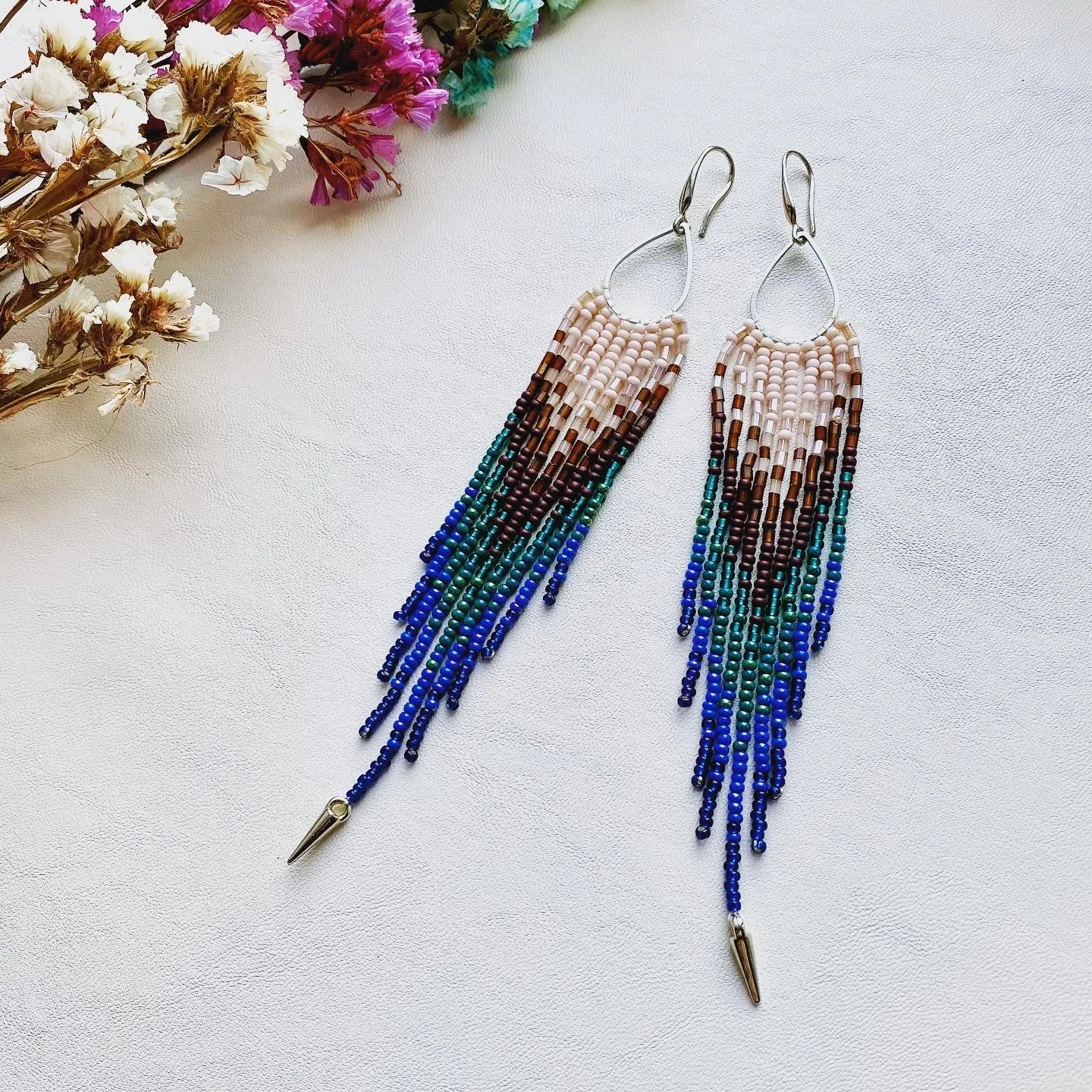 Handmade Long Dangle Statement Beaded Peacock Feathers Earrings for Women