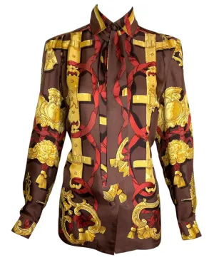 Hermes Golden Trinket and Red Ribbon Print Blouse with Tie