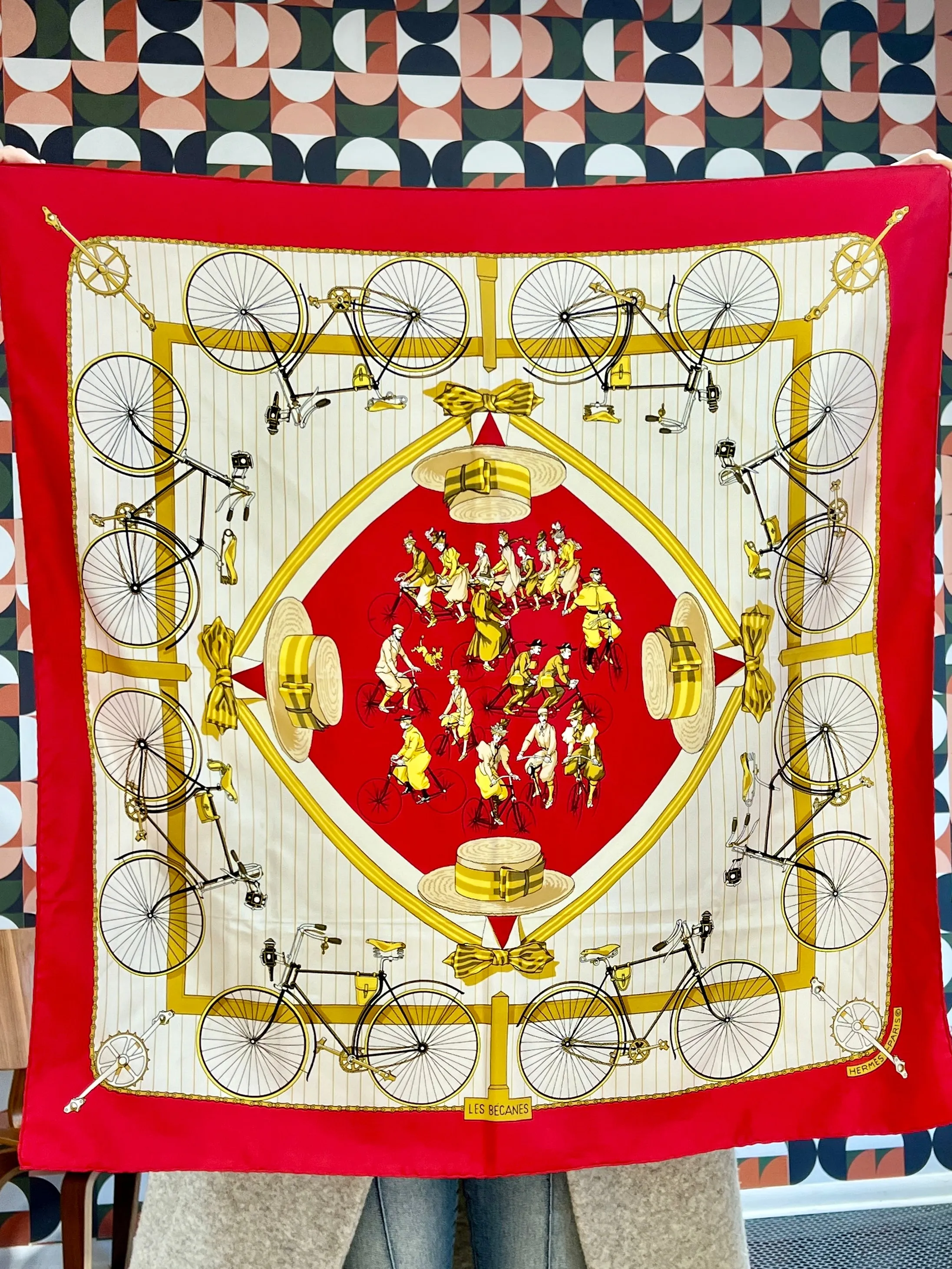 Hermes Vintage Silk Les Becanes Scarf, 90 cm, Red/Gold/Ivory