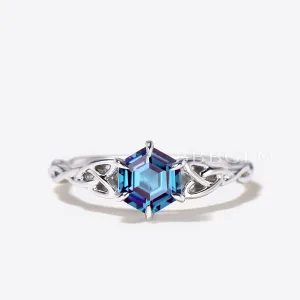 Hexagon Cut Alexandrite Engagement Ring Celtic Knot White Gold Ring