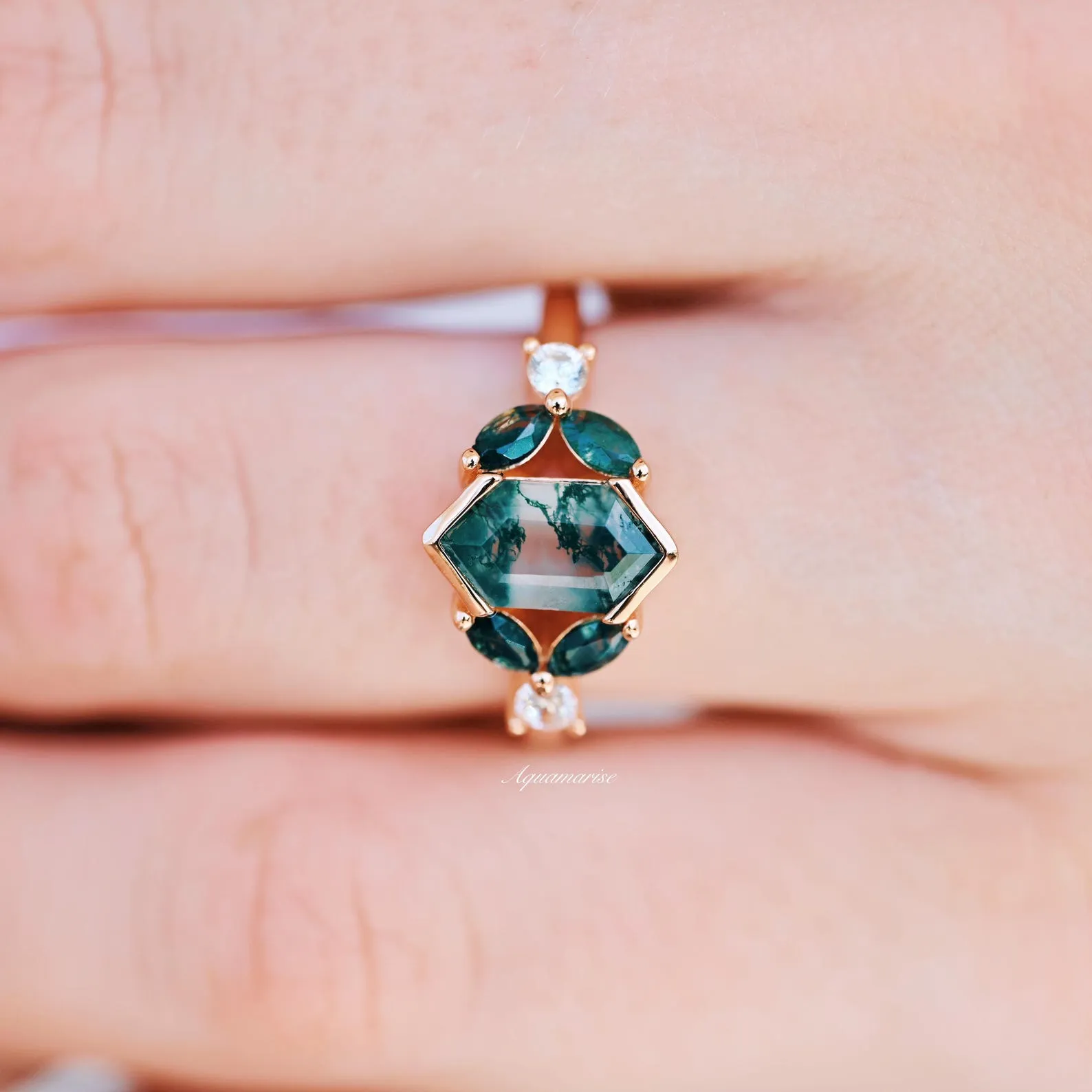 Hexagon Green Moss Agate Couples Ring Set