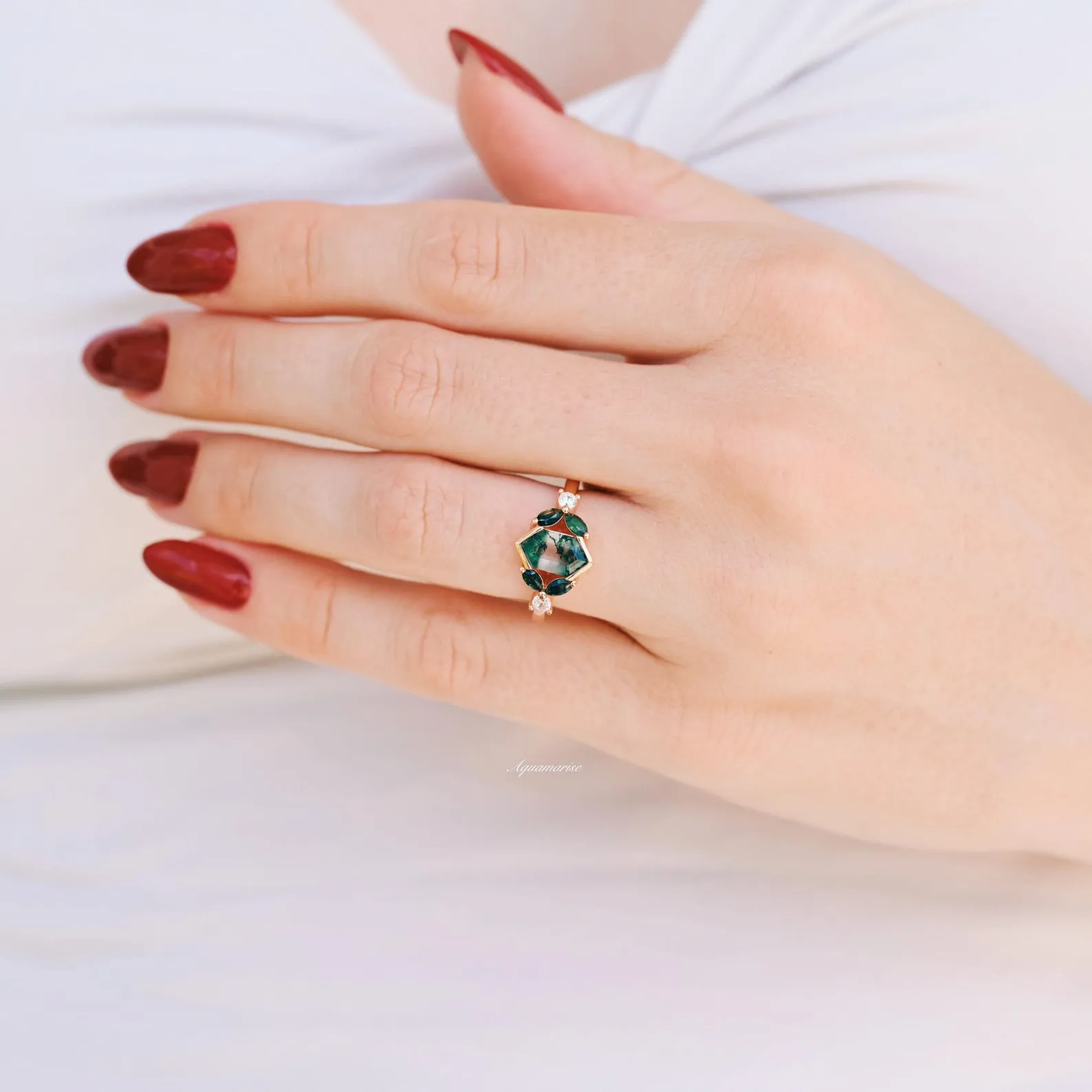 Hexagon Green Moss Agate Couples Ring Set