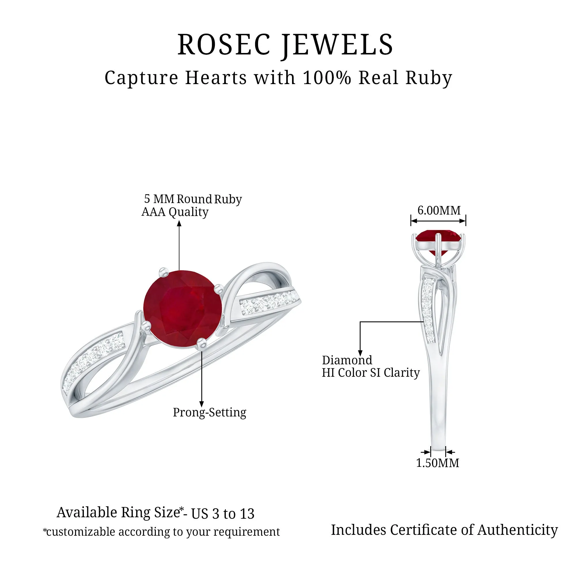 Infinity Shank Ruby Solitaire Engagement Ring with Diamond