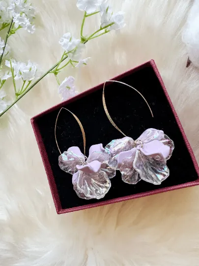 Iridescent - petals earrings | frosted pink or blue golden hook flower earrings | bridal party wedding earrings