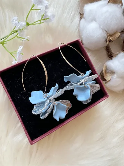 Iridescent - petals earrings | frosted pink or blue golden hook flower earrings | bridal party wedding earrings