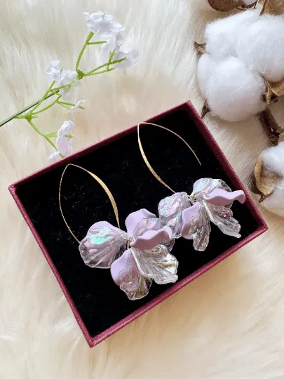 Iridescent - petals earrings | frosted pink or blue golden hook flower earrings | bridal party wedding earrings