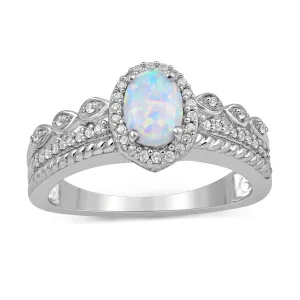 Jewelili Sterling Silver Oval Created Opal and Round Created White Sapphire Rope Texture Ring