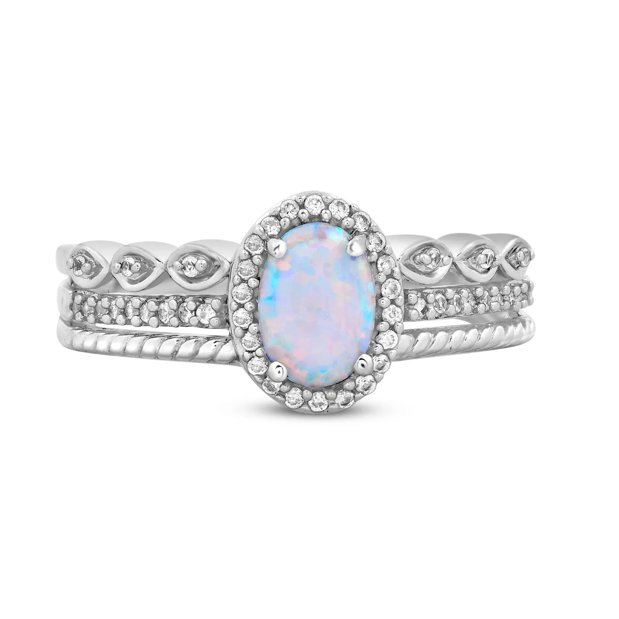 Jewelili Sterling Silver Oval Created Opal and Round Created White Sapphire Rope Texture Ring