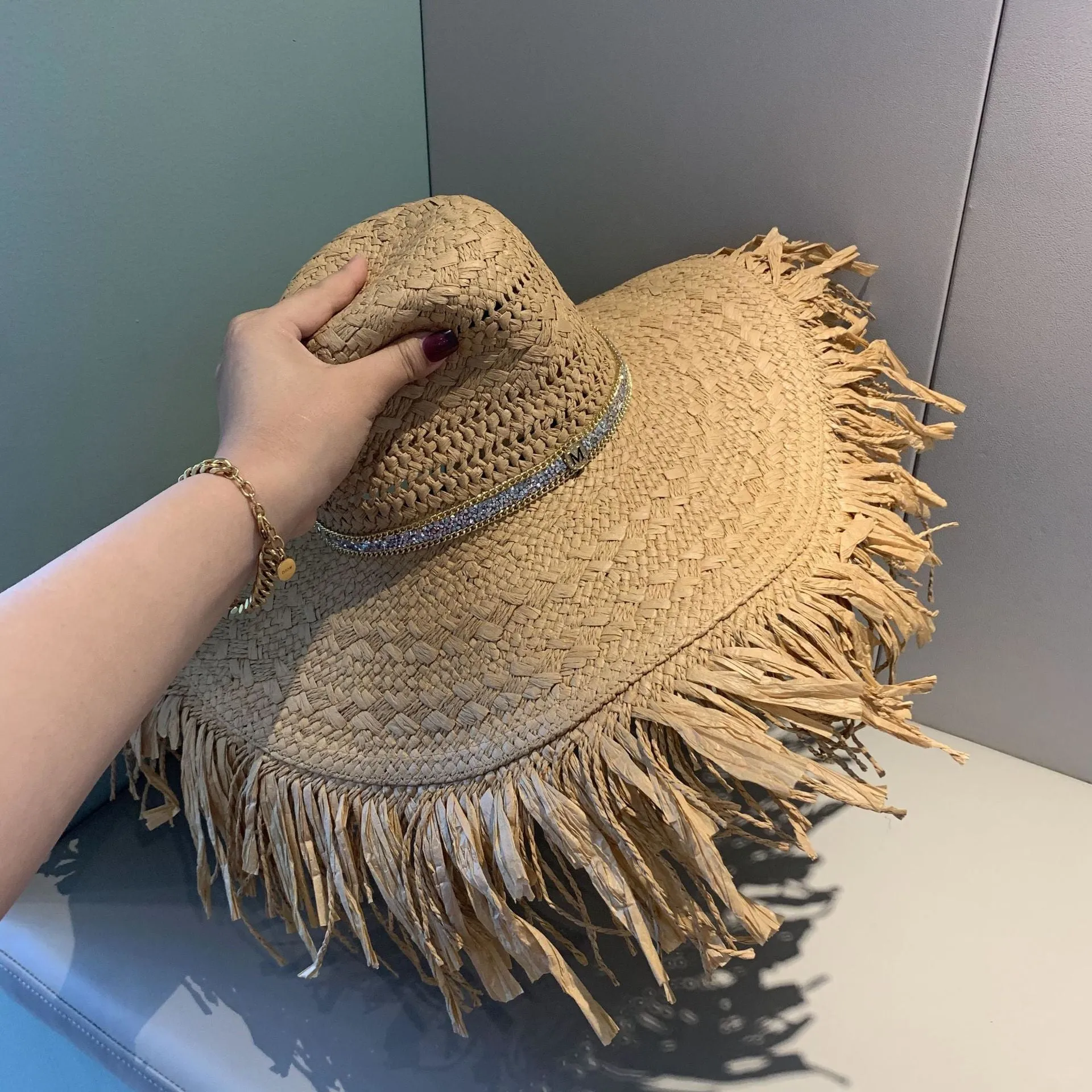 Korean Style Straw Tassel Sun Hat with Wide Brim