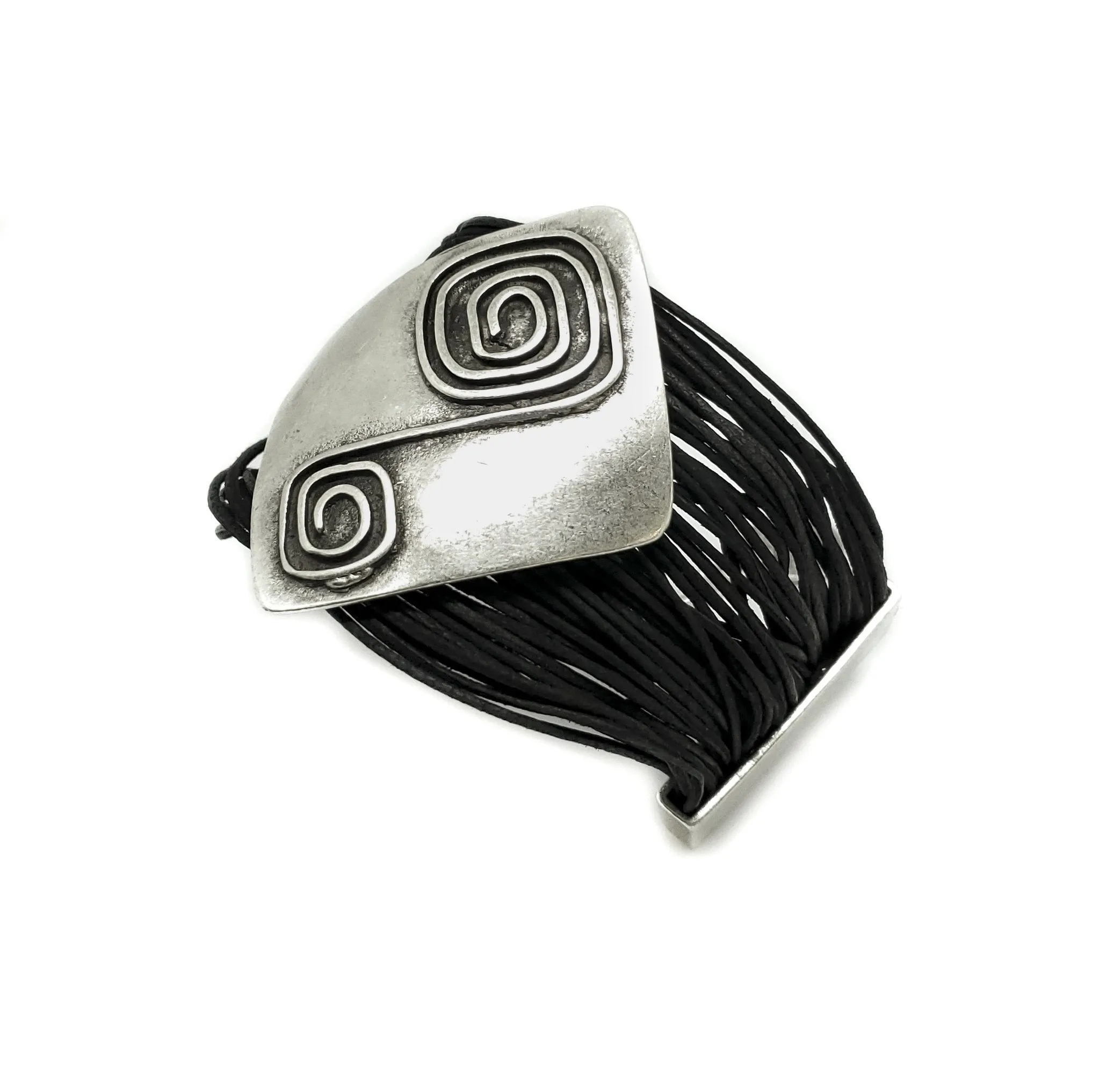 Leather & Pewter Bracelet with Square Detailed Disc