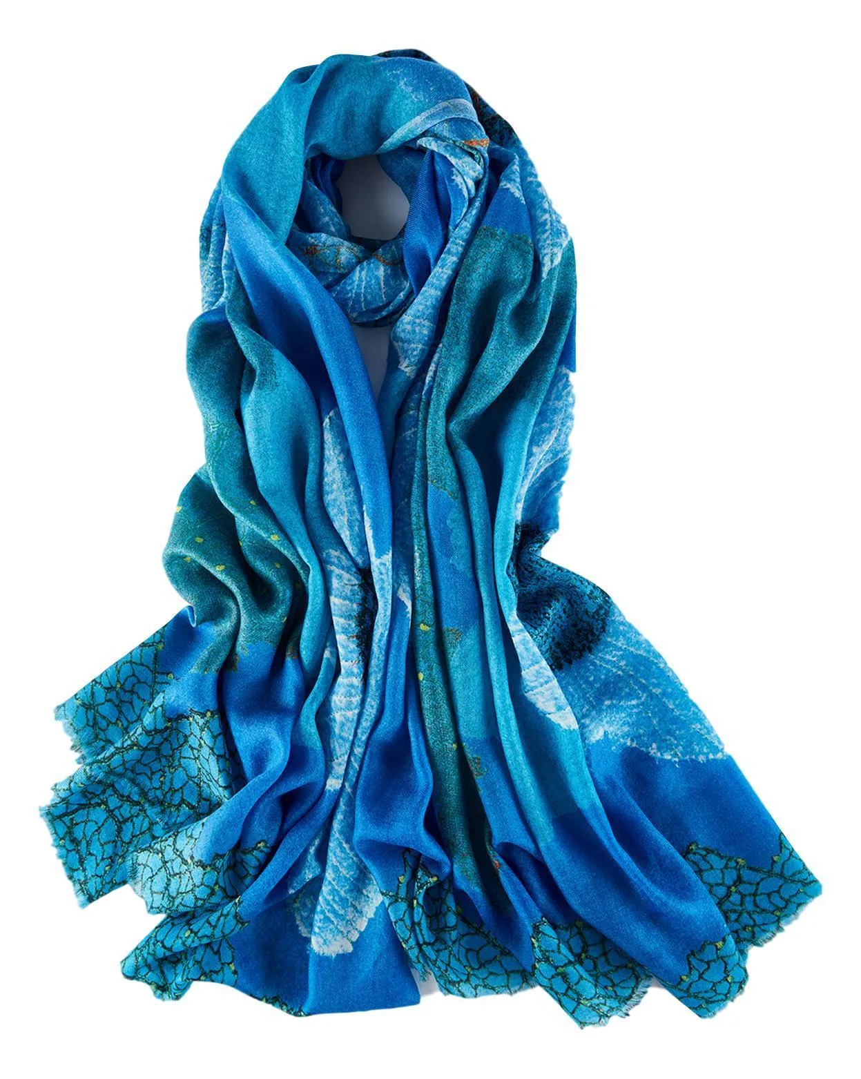 Luxurious Extra Wide 100% Cashmere Scarf & Wrap Blue Flower CSH243