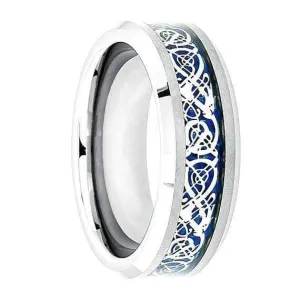 Mens Carbide Tungsten Ring Shiny Beveled Edges Blue Celtic Dragon Knot - 8mm