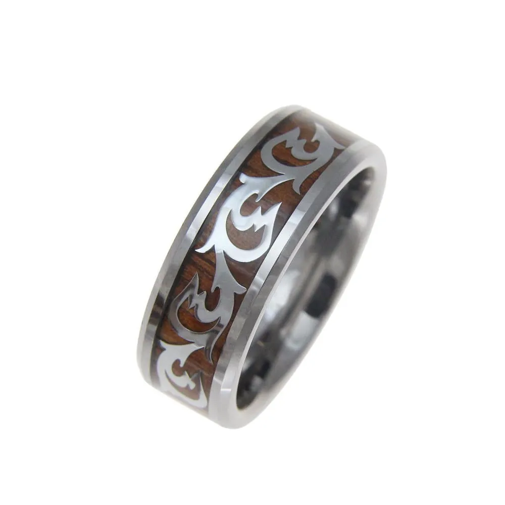 Men's Tungsten Carbide Ring With Real Hawaiian Koa Wood Inlay Shiny Scroll - 8mm