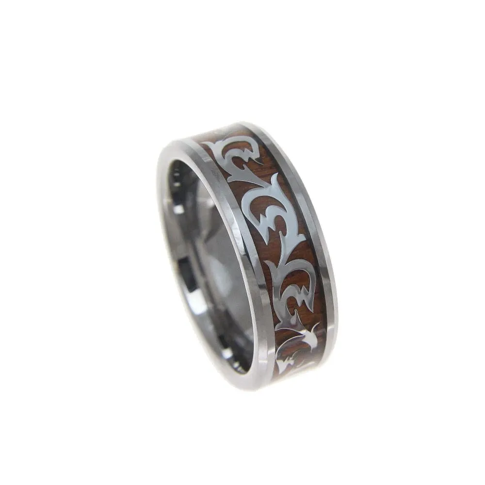 Men's Tungsten Carbide Ring With Real Hawaiian Koa Wood Inlay Shiny Scroll - 8mm