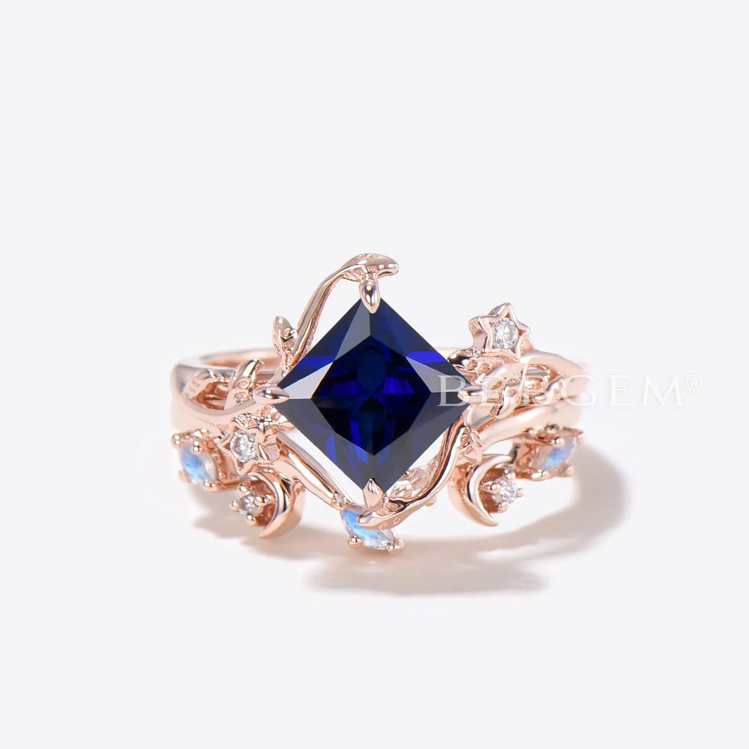 Moon Leaf Princess Cut Blue Sapphire Engagement Ring Nature Inspired Ring