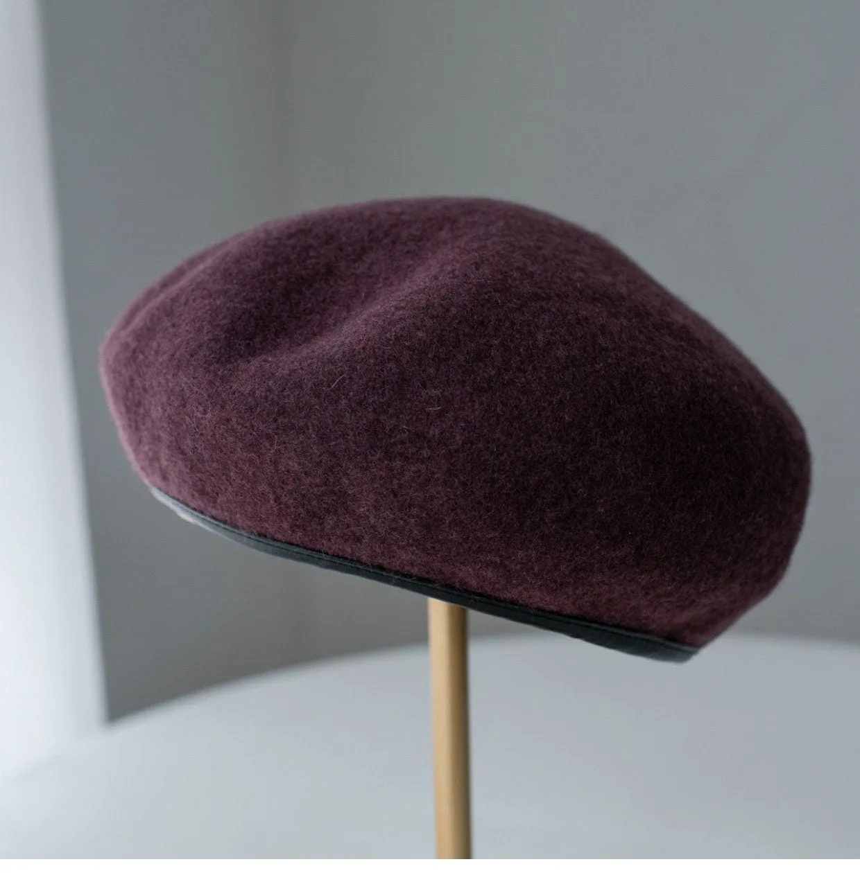 Neutral  Colour Wool Beret With Leather Rim for Women