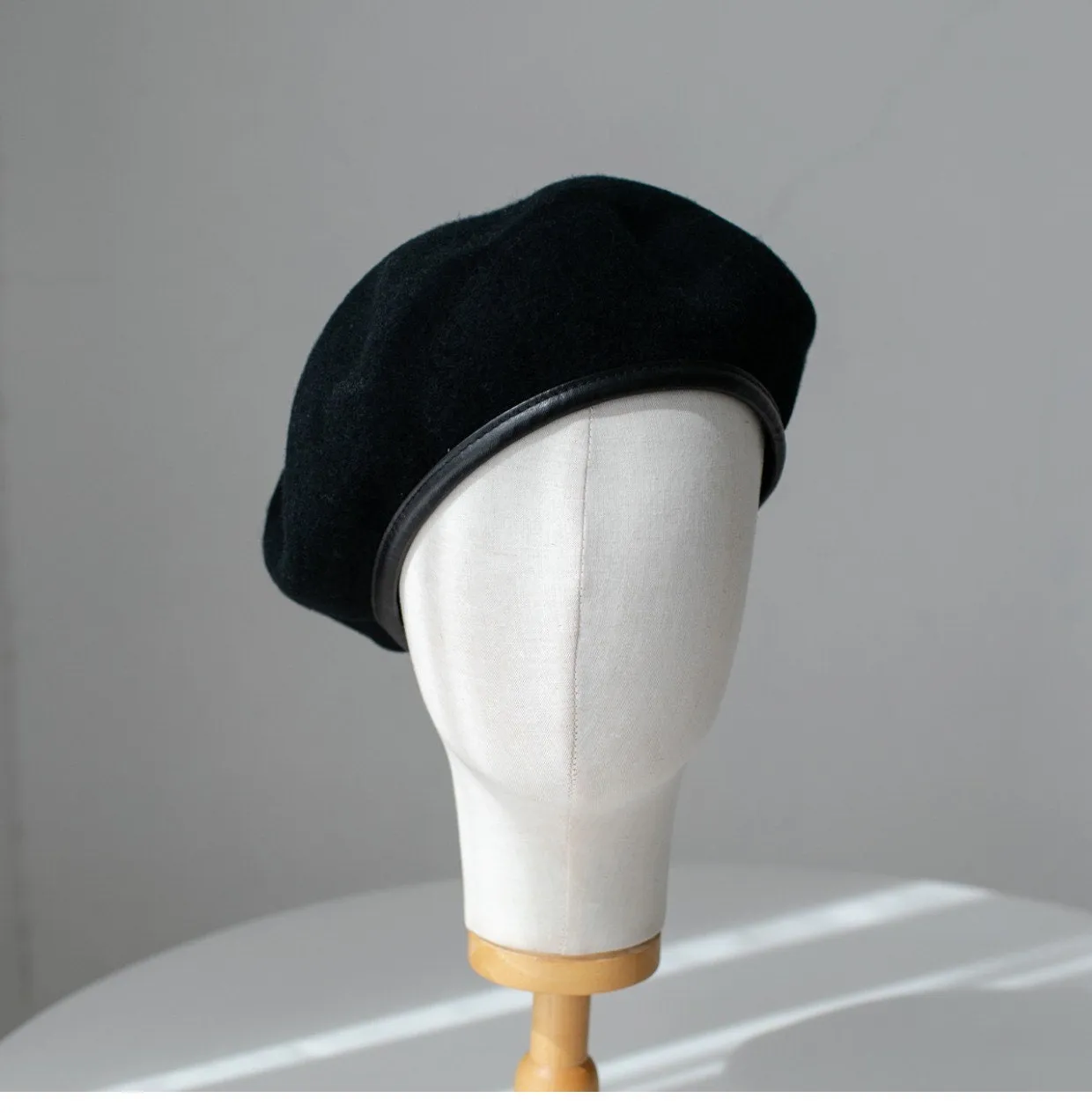 Neutral  Colour Wool Beret With Leather Rim for Women