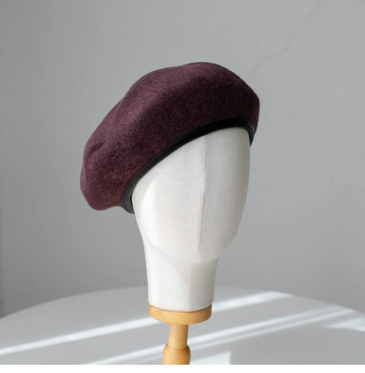 Neutral  Colour Wool Beret With Leather Rim for Women