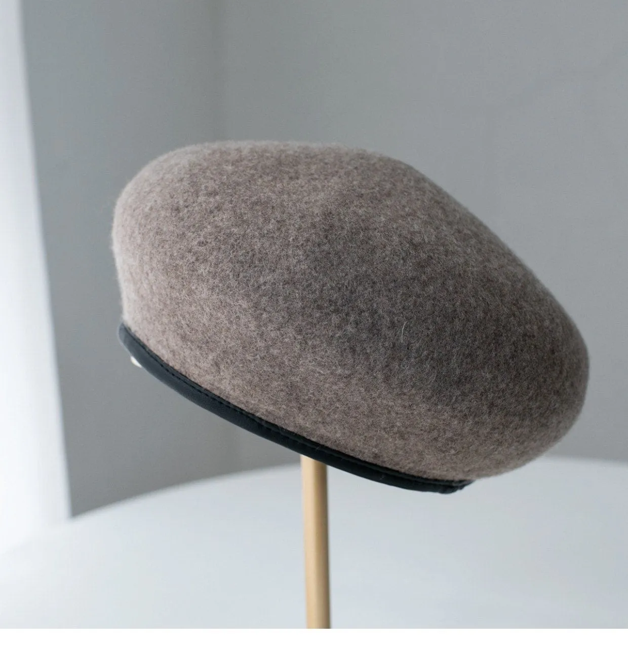 Neutral  Colour Wool Beret With Leather Rim for Women