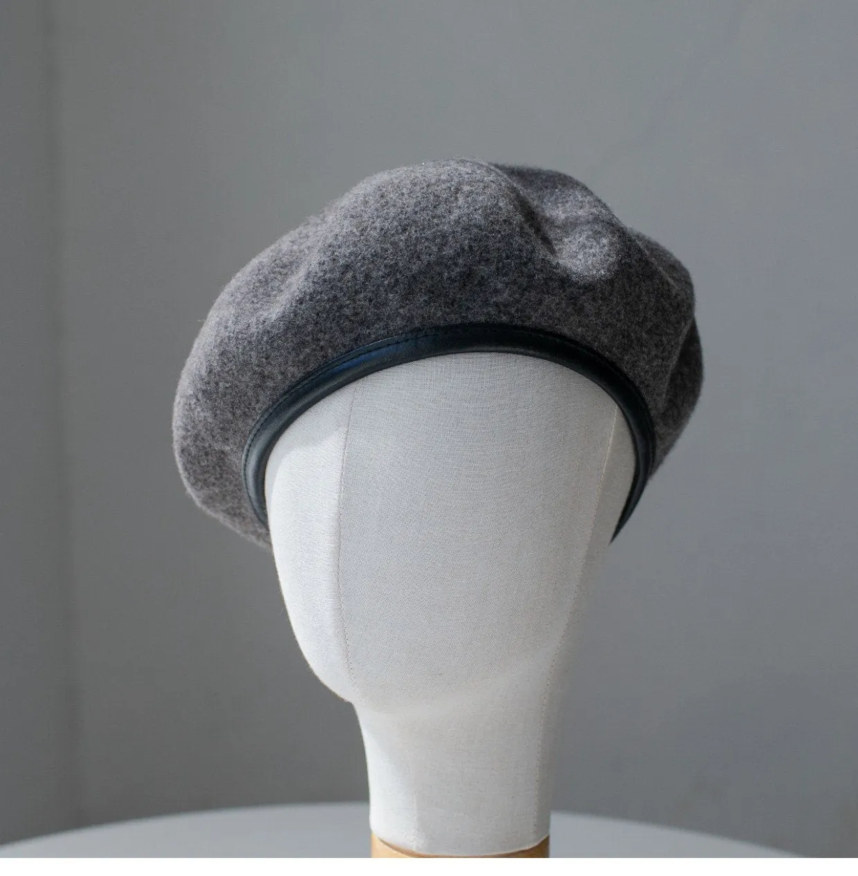 Neutral  Colour Wool Beret With Leather Rim for Women