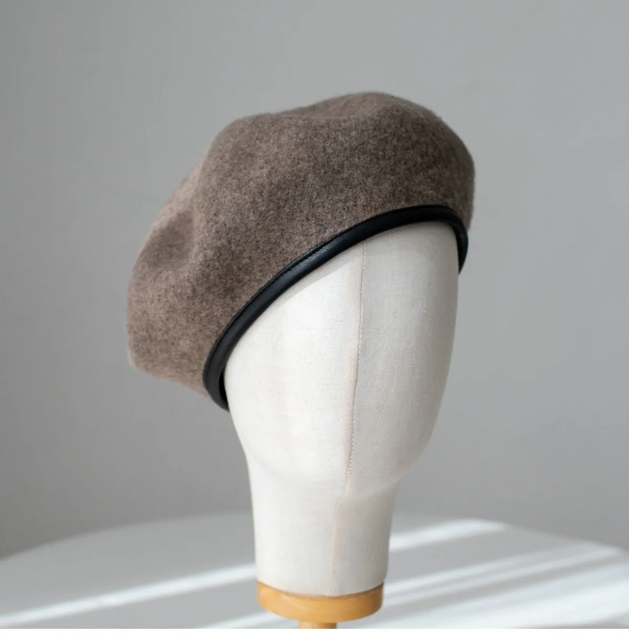 Neutral  Colour Wool Beret With Leather Rim for Women