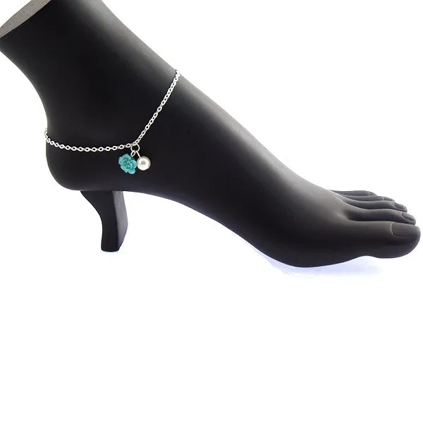 Ocean Blue Rose Anklet Jewelry with Pearl Drop