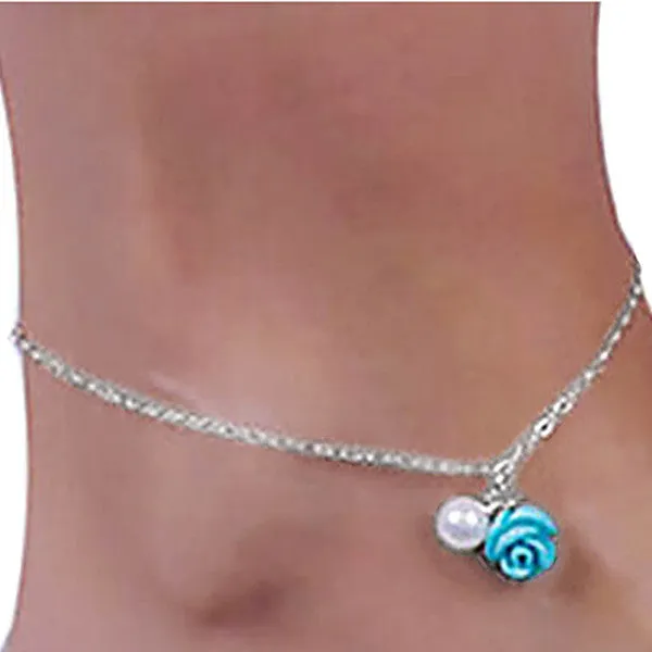 Ocean Blue Rose Anklet Jewelry with Pearl Drop