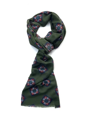 Olive Green Medallion Print Cashmere Scarf