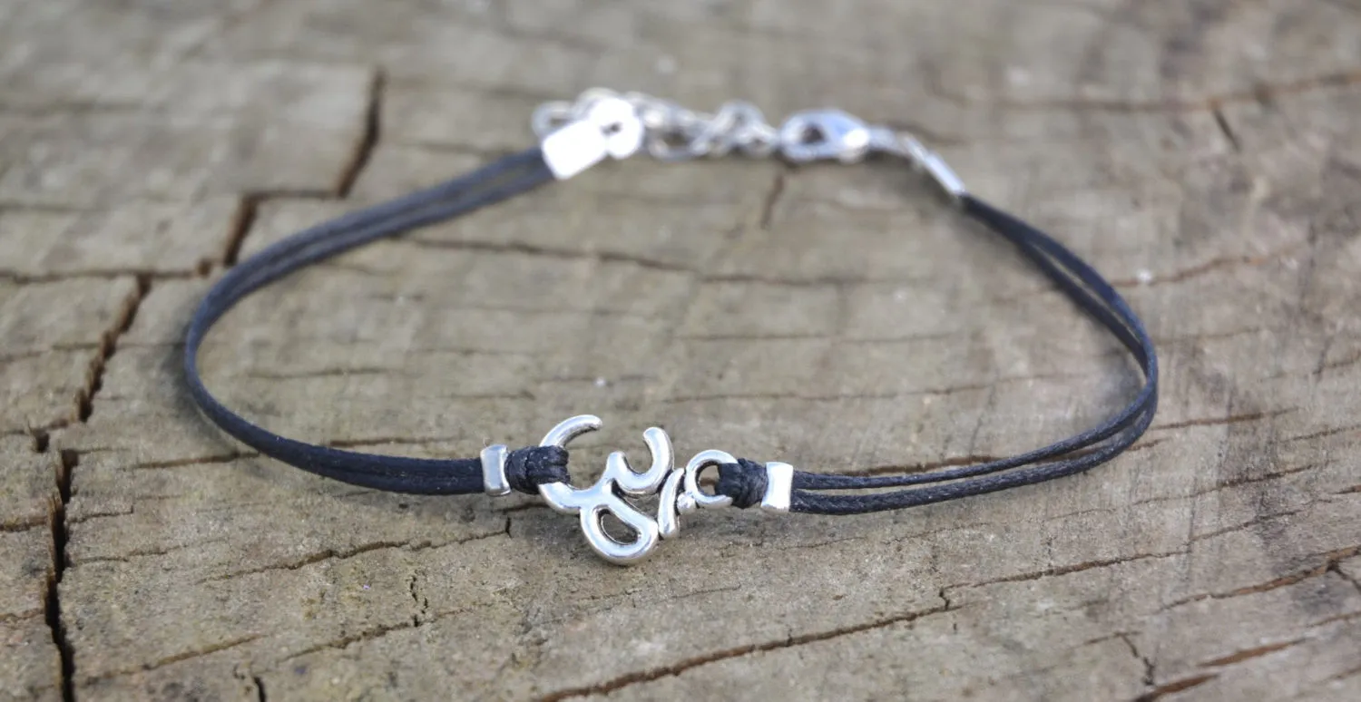 Om charm anklet, silver ohm charm, black string, handmade adjustable yoga ankle bracelet