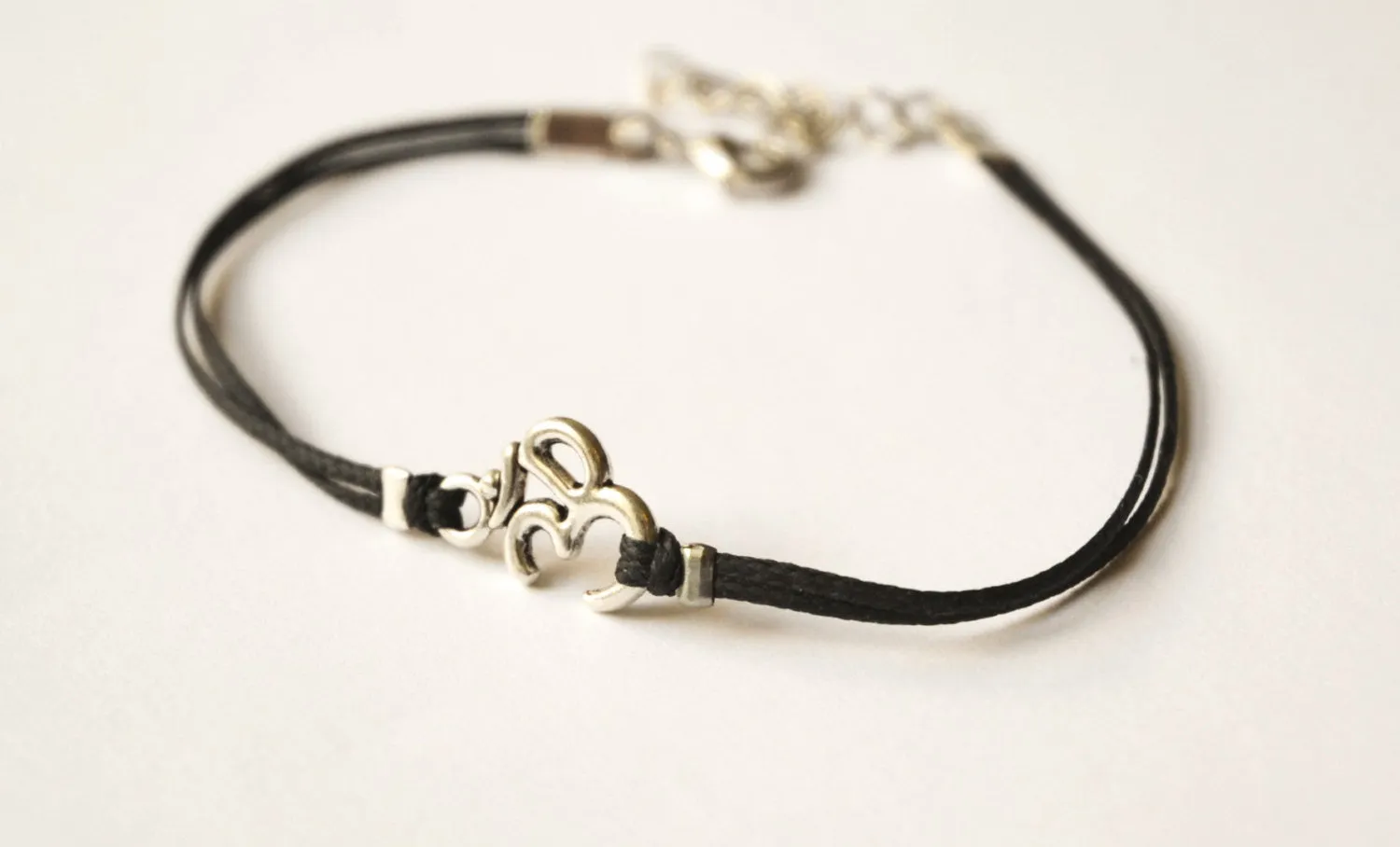 Om charm anklet, silver ohm charm, black string, handmade adjustable yoga ankle bracelet