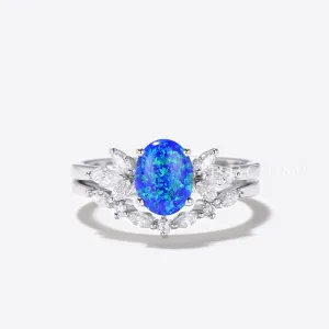 Oval Blue Opal Engagement Ring Set 7 Stone Diamond Bridal Ring Set