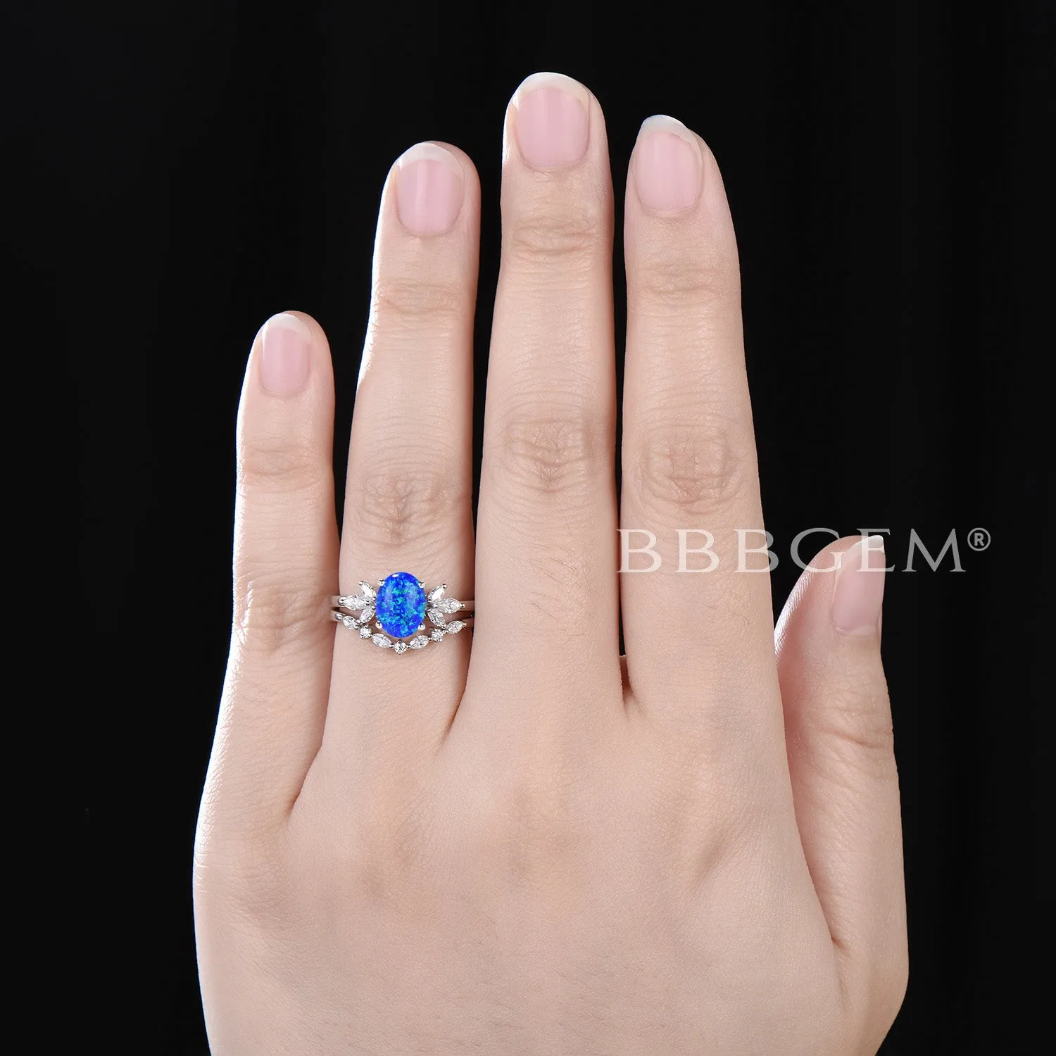 Oval Blue Opal Engagement Ring Set 7 Stone Diamond Bridal Ring Set